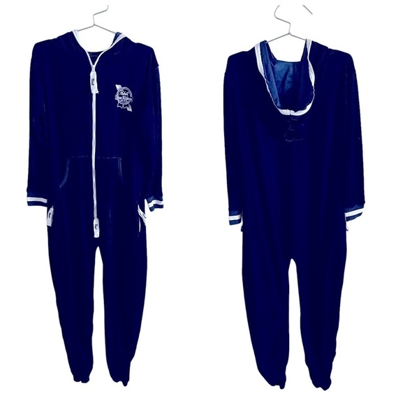 Pabst Blue Ribbon Beer Velvet  jumpsuit Pajama Unisex Size Small Blue zip PBR - Picture 8 of 8